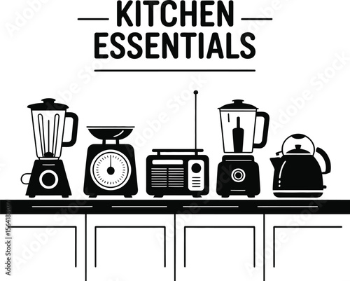 Kitchen essentials appliances blenders scales radios kettles black and white vector illustration set design
