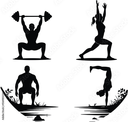 Fitness workout vector silhouette illustration of yoga weightlifting and bodyweight exercises training