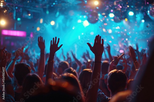 DJ hands up at night club party under blue light with crowd of people. High quality