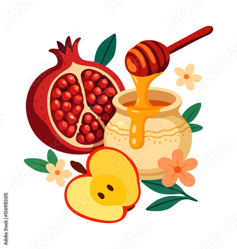 Rosh Hashanah. Jewish New Year. Pomegranate, apple and honey. Vector isolated illustration