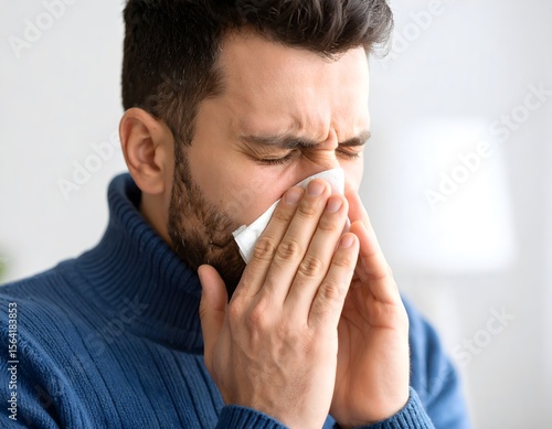 Man Sneezing or Blowing Nose with Tissue