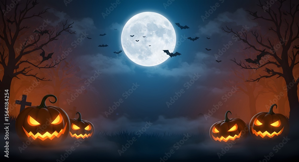 Spooky Halloween Night Glowing Jack-o'-lanterns Under a Full Moon Spooky Halloween Night Glowing Jack-o'-lanterns Under a Full Moon