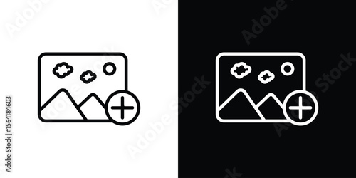 Add photos icons in line style. Editable black and white strokes