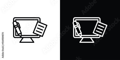 Blended learning icons in line style. Editable black and white strokes