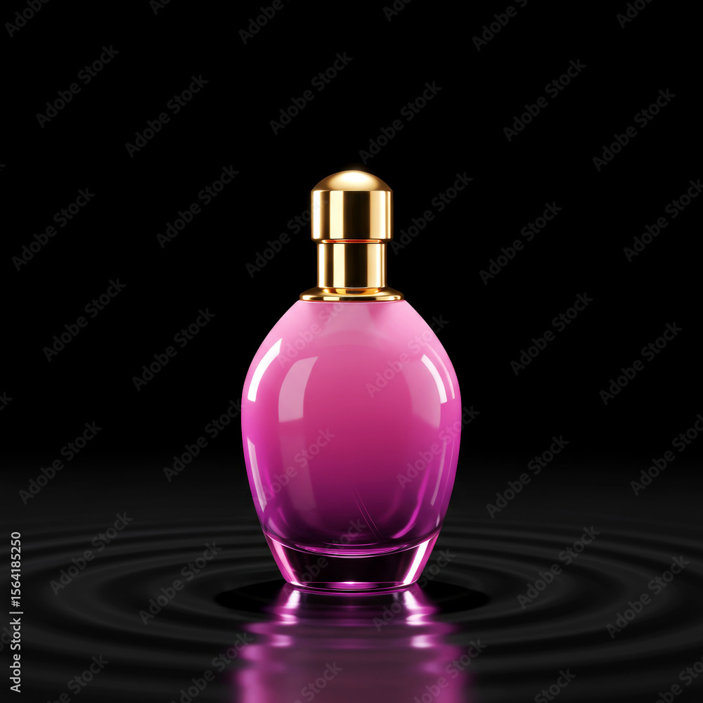 Pink and purple perfume bottle with golden cap on ripple shadow Pink and purple perfume bottle with golden cap on ripple shadow