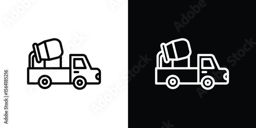 Cement truck icons in line style. Editable black and white strokes