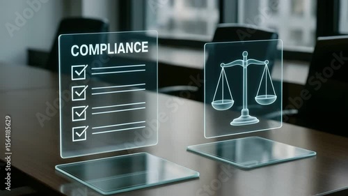 Digital check marks and legal balance icons glow in a modern conference room. concept of regulatory adherence ensuring fairness.