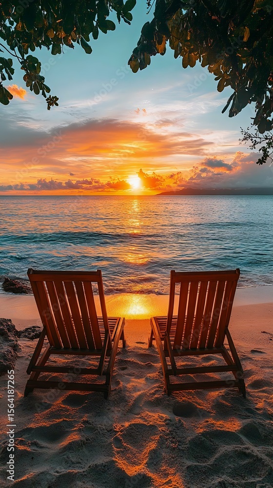 Fototapeta premium Two wooden beach chairs facing a stunning sunset over the ocean, casting a golden reflection on the water, surrounded by tranquil nature.