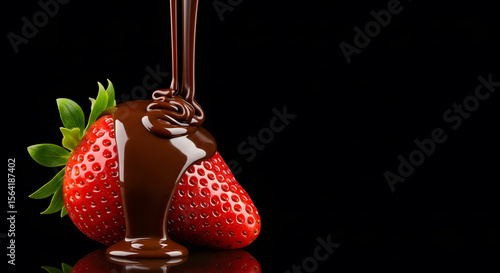 Melted chocolate dripping over a fresh strawberry.