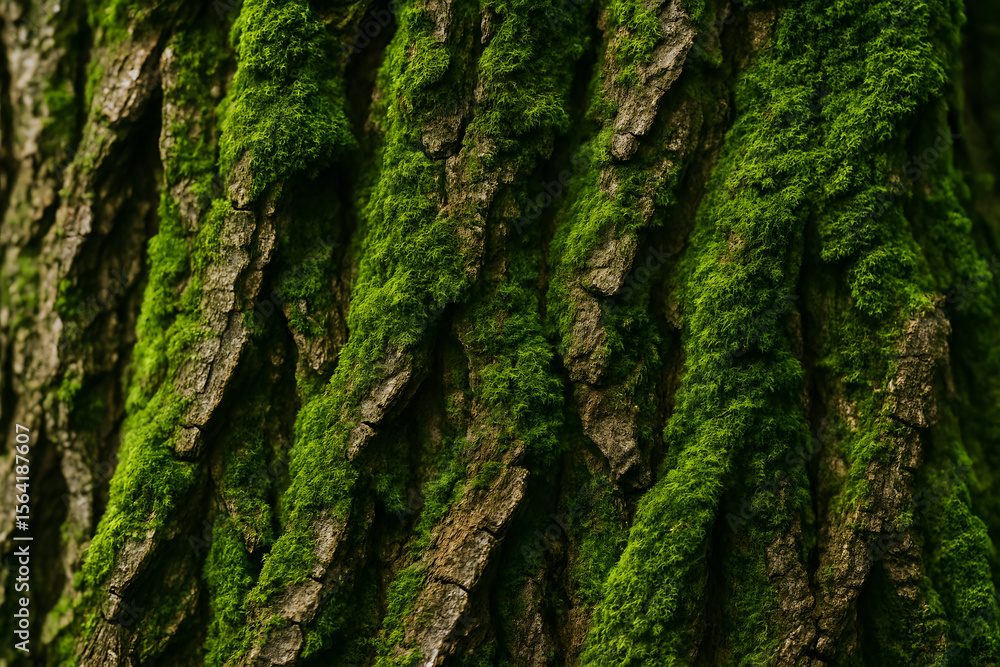 Close-up of a tree bark covered in vibrant green moss. Close-up of a tree bark covered in vibrant green moss.