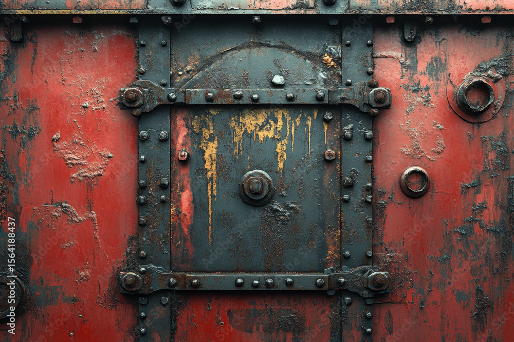 Rust-covered red and black metal door. Rust-covered red and black metal door.