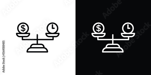 Time and money compare scale icons in line style. Editable black and white strokes