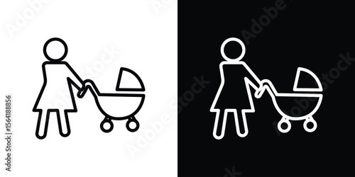 Woman with Baby Stroller icons in line style. Editable black and white strokes