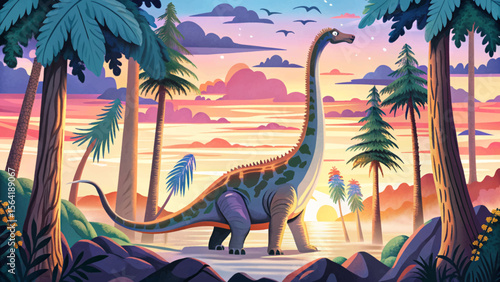 Brachiosaurus towers above ancient trees in a mistless rainforest, capturing the grandeur and scale of this gentle giant in a lush, prehistoric world