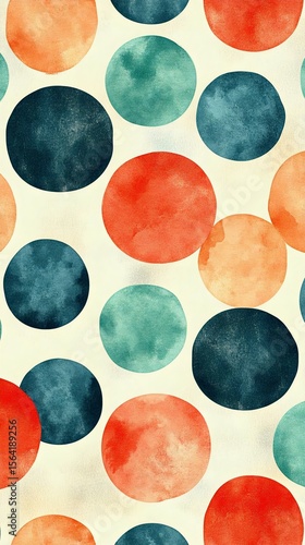 Colorful watercolor circles pattern featuring red, blue, and green hues on a soft cream background. Ideal for textiles and design projects.