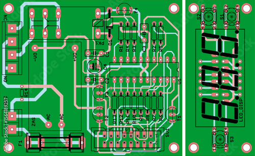 Vector printed circuit board of electronic 
device with components of radio elements, 
conductors and contact pads placed on pcb. 
Engineering technical drawing. Computer technic cad design.