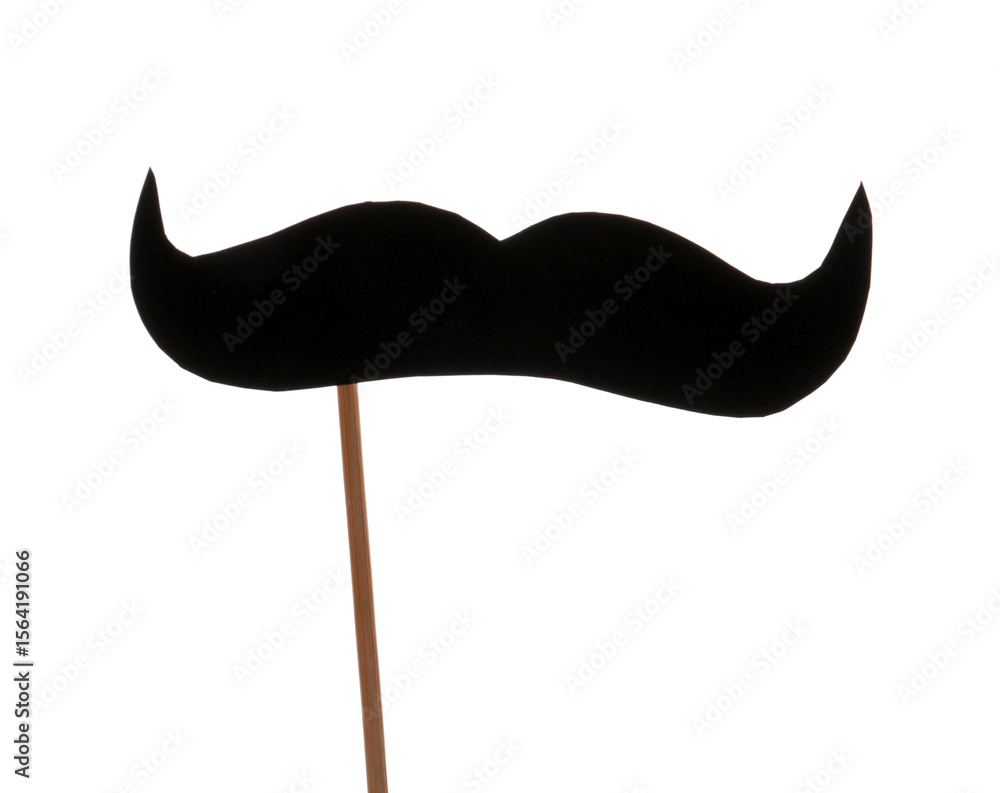 Fototapeta premium Wooden stick with paper mustache isolated on white background, closeup