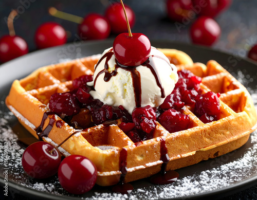Belgium Waffle with Chocolate and Ice Cream and Cherries