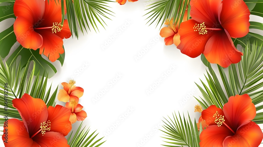Obraz premium Vibrant Hibiscus Flowers Tropical Palm Leaves Frame Border