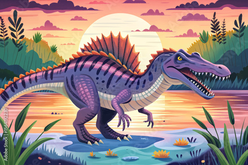 Spinosaurus wades through a shallow swamp, fishing with crocodilian precision. This prehistoric predator showcases its aquatic prowess in a murky, primeval habitat