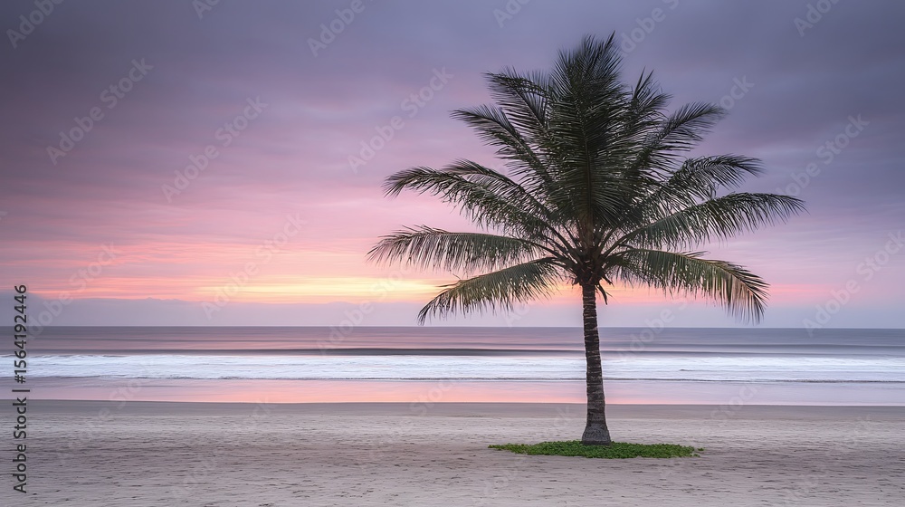 Fototapeta premium Serene Sunset Beach Scene with Single Palm Tree