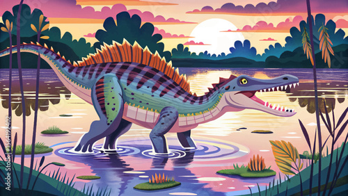 Spinosaurus wades through a shallow swamp, fishing with crocodilian precision. This prehistoric predator showcases its aquatic prowess in a murky, primeval habitat