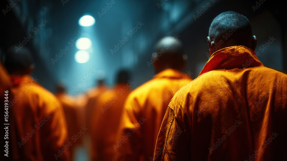 Fototapeta premium Inmates in orange uniforms walking in dark corridor with dim lighting in prison