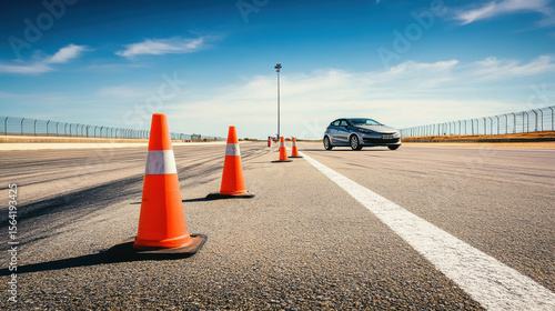 Electric car navigating orange traffic cones on sunny race track with clear blue sky for driving test and skill practice
