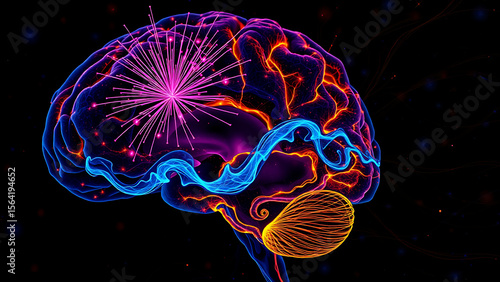 Multispectral microscope (16:9) of the limbic system in the human brain during love: dopamine (pink fireworks), oxytocin (blue waves), serotonin (golden swirls).