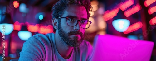 Man Working on Laptop in Neon-Lit City