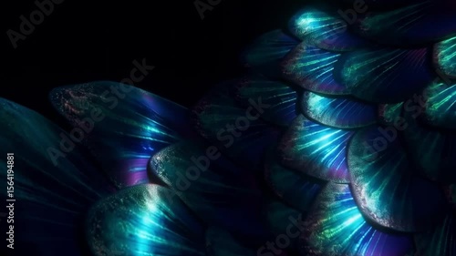  Glimmering Mermaid Scale: A single glowing mermaid scale shimmers underwater in dark void, catching light in fantastical elegance.