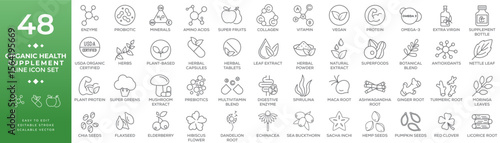 Organic health supplement line icon set featuring natural food, herbal extracts, superfoods, vitamins, and minerals for wellness and nutrition illustration collection