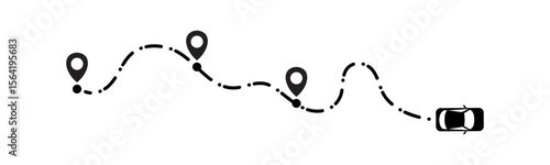 Dashed line pathway illustration with car and multiple waypoint pins signifying complex multipoint navigation dynamic travel routes and detailed journey tracking