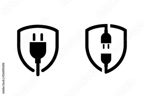 Vector illustration of power plug and connection icons inside shield symbols showing electrical safety secure energy transfer protected power supply and safe device connectivity