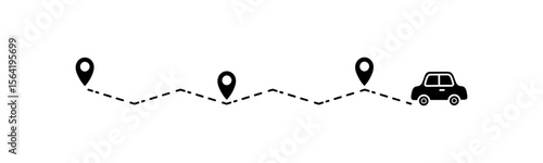 Graphical representation of a car traveling a wavy pathway with several location pins, indicating multi-stage navigation, delivery service tracking, and planned travel itinerary