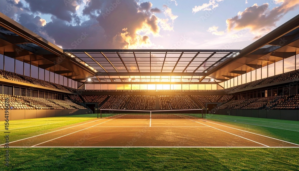 Fototapeta premium High detail image of a modern and luxurious tennis stadium with transparent roof and sculptural design elements, dramatic sky in the background