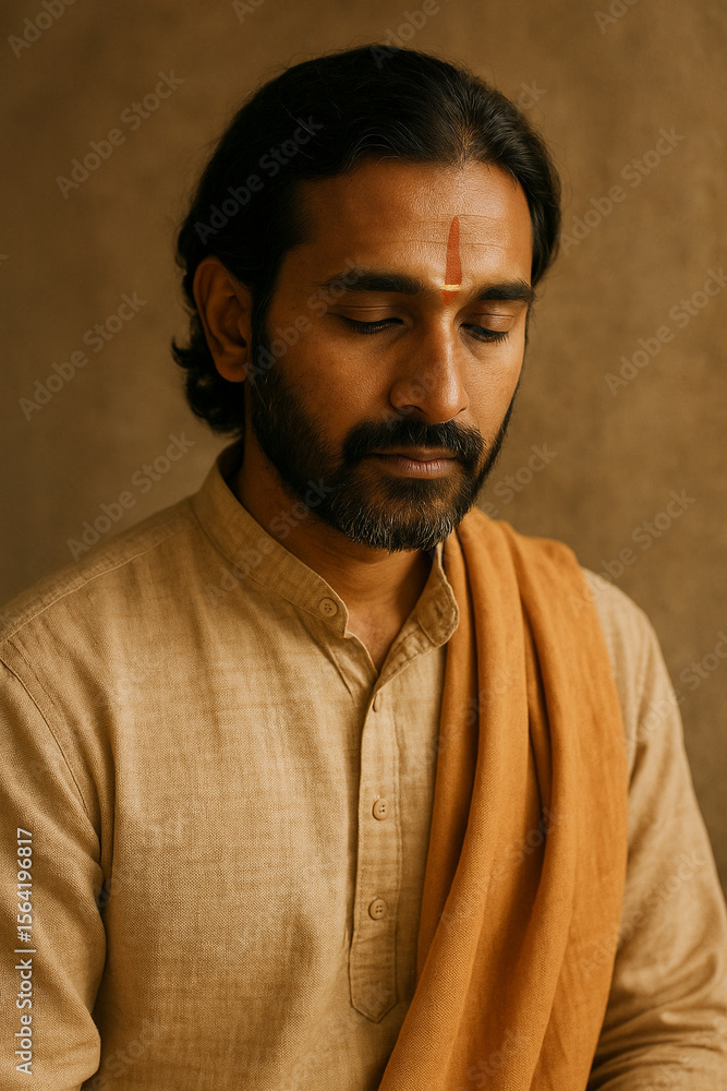 Fototapeta premium Peaceful Portrait of Hindu Man with Tilaka in Traditional Attire