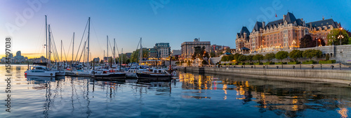 Panorama of Fairmont Empress Hotel and Inner Harbour at evening in Victoria, Canada