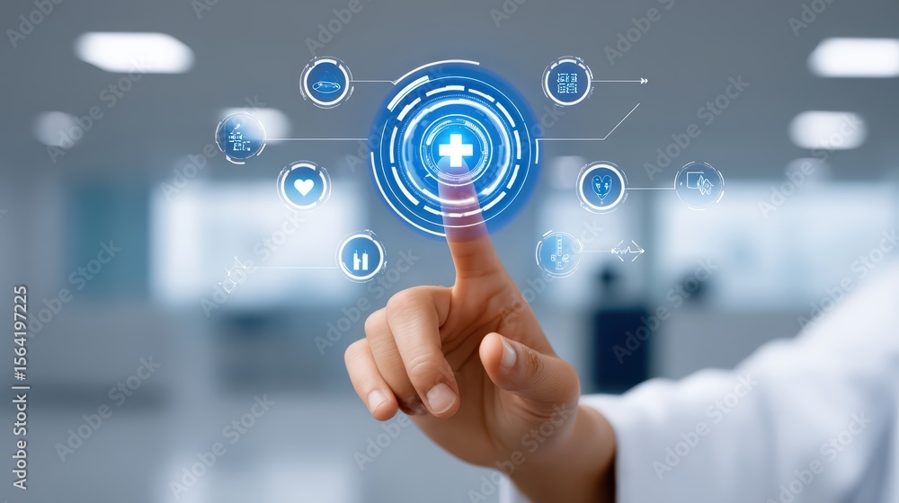 Obraz premium Innovative Touchscreen Interface with Health Icons for Medical Applications and Wellness Technology Interaction