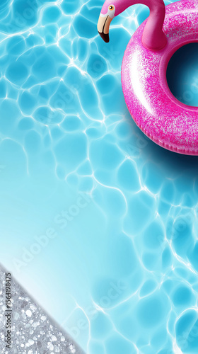 Bright pink flamingo float in shimmering blue pool with sparkling surface reflections
