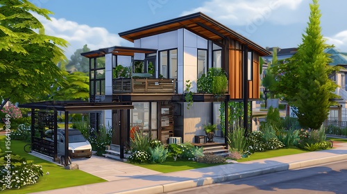 A modern two-story house design with lush greenery and a covered carport