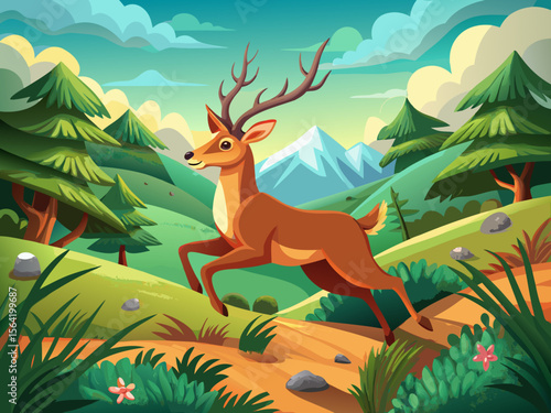 vector of A deer running in the green desert.