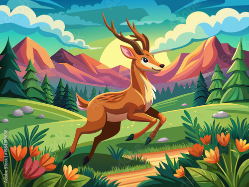 vector of A deer running in the green desert.