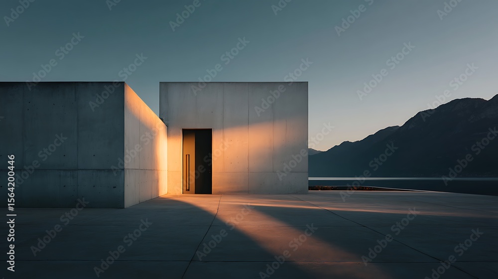 Minimalist architecture bathed in golden sunlight near a tranquil mountain lake Minimalist architecture bathed in golden sunlight near a tranquil mountain lake