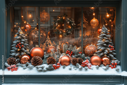 Christmas window display with festive ornaments and decorations.