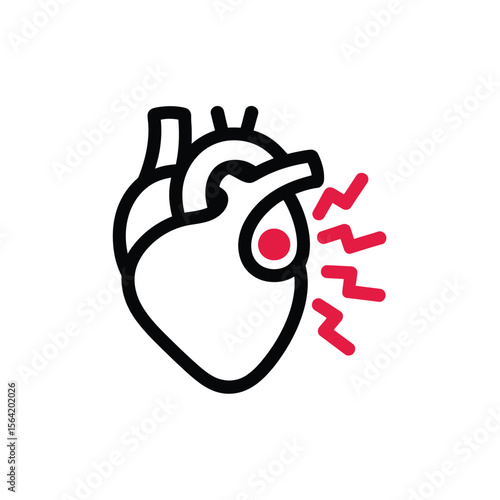 Stylized illustration of a human heart with a red dot and red jagged lines indicating pain or distress