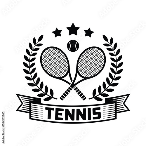 Tennis emblem with crossed rackets ball laurel wreath and stars