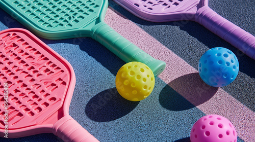 Wallpaper Mural Colorful paddles and balls for pickleball on a textured surface   Torontodigital.ca