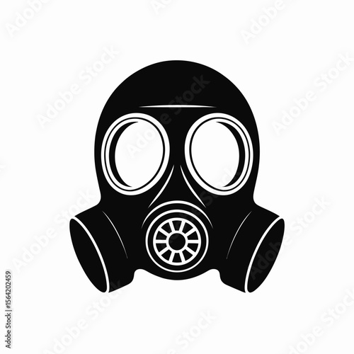 Black and white graphic illustration of a vintage gas mask