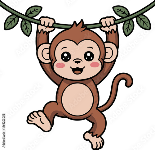 Cartoon monkey hanging from a vine with leaves and a white background looking cute and happy in detail